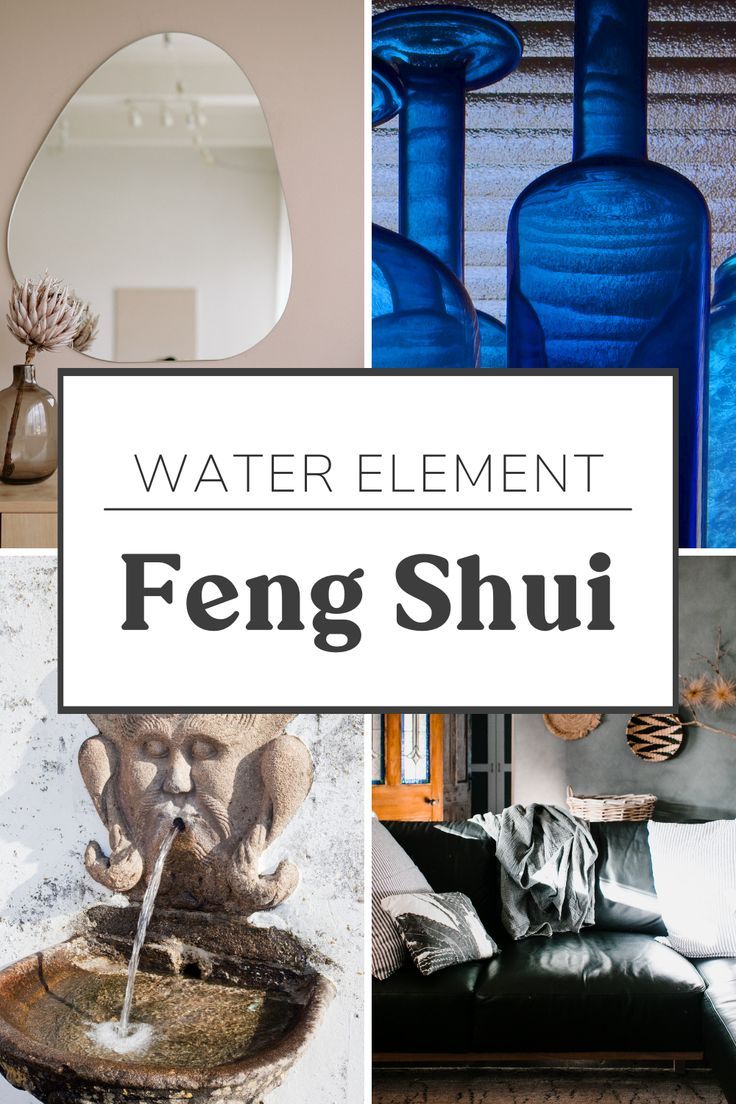 blue vases and other items are featured in this collage with the words, water element feng shui