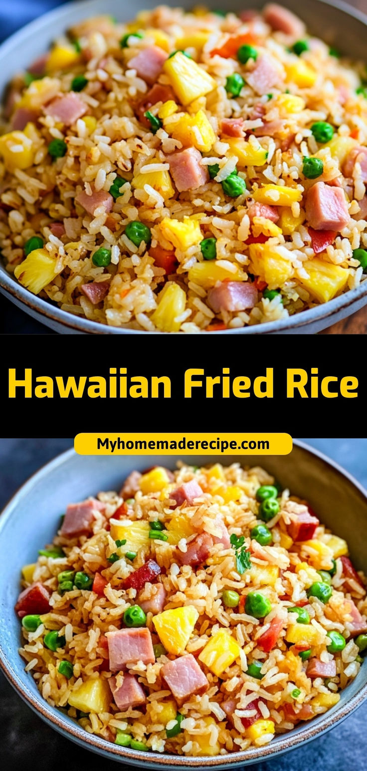 hawaiian fried rice with ham and peas in a bowl