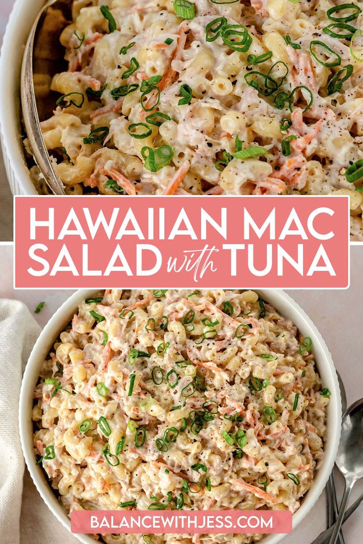 hawaiian macaroni salad with tuna in a white bowl and on a pink background