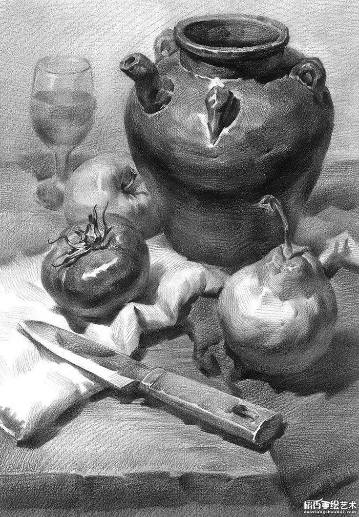 a still life drawing of garlic, tomatoes and an old fashioned pot with wine glasses