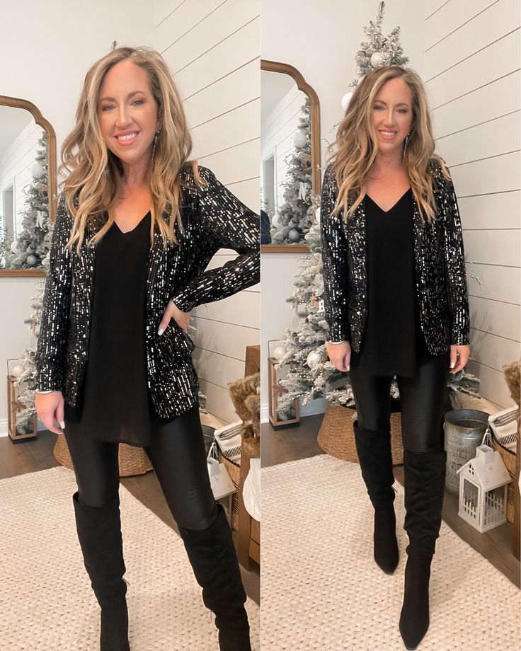 Black Sequined Blazer Outfit, New Years Sparkle Outfit, Black Sparkle Blazer Outfit, Sparkle Ankle Boots Outfit, Silver Sequin Boots Outfit, Sparkly Jacket Outfit, Sequin Concert Outfit Ideas, Mariah Carey Christmas Concert Outfit Ideas, Sparkly Shoes Outfit Casual