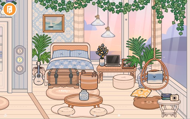 an illustration of a bedroom with plants and furniture