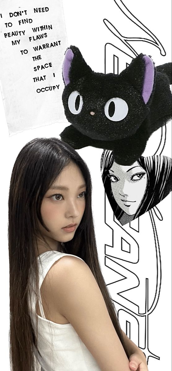 a girl with long hair and a black cat hat on her head is standing in front of a poster