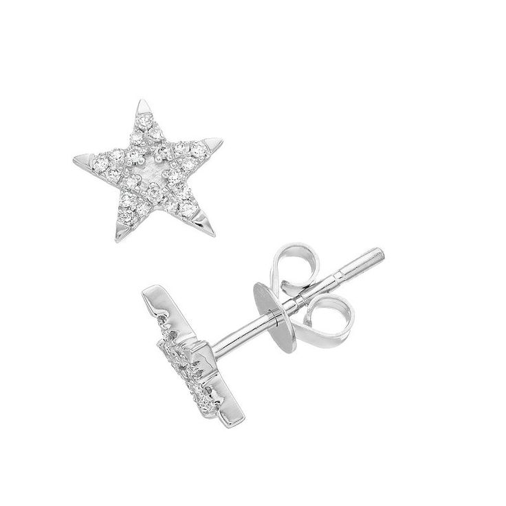 Add a touch of celestial sparkle to your wardrobe with these Ava Blue diamond star earrings. Add a touch of celestial sparkle to your wardrobe with these Ava Blue diamond star earrings. Nickel free Metal: 14k white gold Backings: post Packaging: boxed Plating: rhodium Finish: polished Earring diameter: 0.31 in.DIAMOND DETAILS Total weight: 1/10 ct. Clarity grade: SI-SI2 Shape: round brilliant Setting: pave Color grade: H-I Diamond weights are approximate. Diamond Total Weights may vary between . White Gold Star Earrings With Diamond Accents, Elegant White Gold Star-shaped Diamond Earrings, Star-shaped White Gold Earrings With Diamond Accents, Star-shaped Diamond Earrings With Diamond Accents, Star-shaped Diamond Earrings With Accents, Diamond Star Earrings, Diamond Star, Blue Diamond, Star Earrings