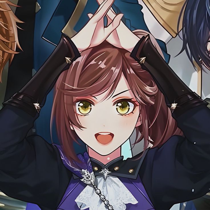 an anime character with her hands up in the air and two other characters behind her