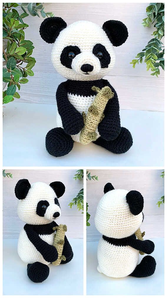 the stuffed panda bear is holding a piece of bamboo in its paws and sitting on it's side