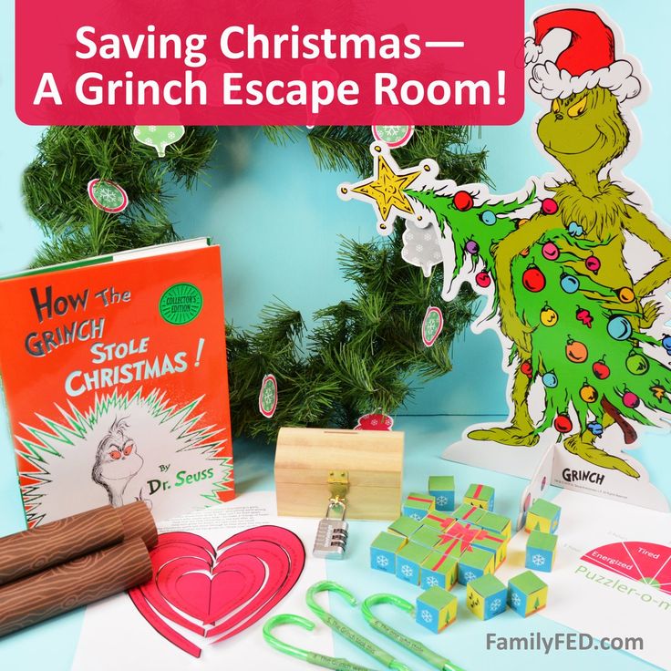 the grinch escape room is filled with books, toys and other holiday activities for kids