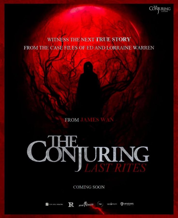 the conjuring last rites movie poster with an image of a man standing in front of a red moon