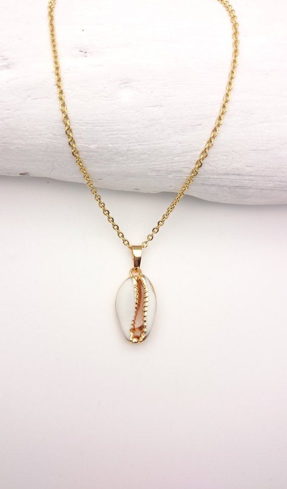 Cowrie necklace//Shell white gold plated necklace//Cowrie | Etsy Cowrie Necklace, Necklace Shell, Gold Plated Necklace, Steel Chain, Sea Shells, Switzerland, Gold Color, Shells, Gold Necklace