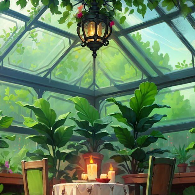 a dining room with a table and chairs in front of a large window filled with greenery