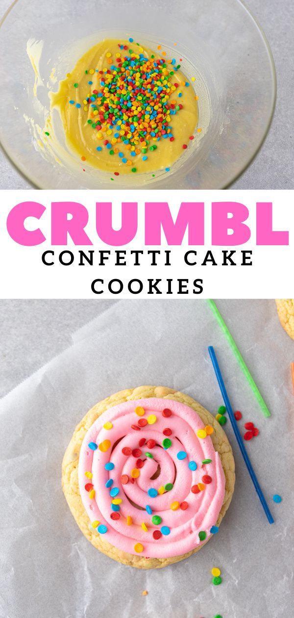 two images with the words crumbl and confetti cake cookies on them