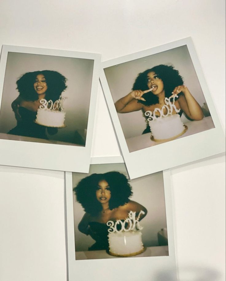 three polaroid photos of a woman holding a cake