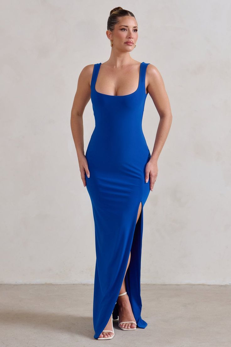 A curve-enhancing classic, our Madeline is the maxi dress to suit all special occasions as well as all bodies. This bestselling bodycon arrives in premium cobalt blue jersey with a square neckline and a split floor-length skirt to show off your legs in a sophisticated fashion. There is no wrong way to style our Madeline maxi but you can never go wrong with a slick bun and some strappy stilettos. Features- Premium stretch jersey- Square neckline- Shoulder straps- Bodycon silhouette- Split hem- Maxi lengthSizing & FitModel is 5'6" and wears UK size 8 / US size 4Product InformationDesigned exclusively by Club L LondonGood stretchPremium double-layered jersey in Cobalt Blue (95% Polyester, 5% Elastane)157cm total lengthSKU: CL129338071 Royal Blue Maxi Dress Casual, Slick Bun, Midi Bridesmaid Dress, Sophisticated Fashion, Velvet Prom Dress, Bachelorette Party Outfit, Black Tie Gala, Strappy Stilettos, Blue Jersey