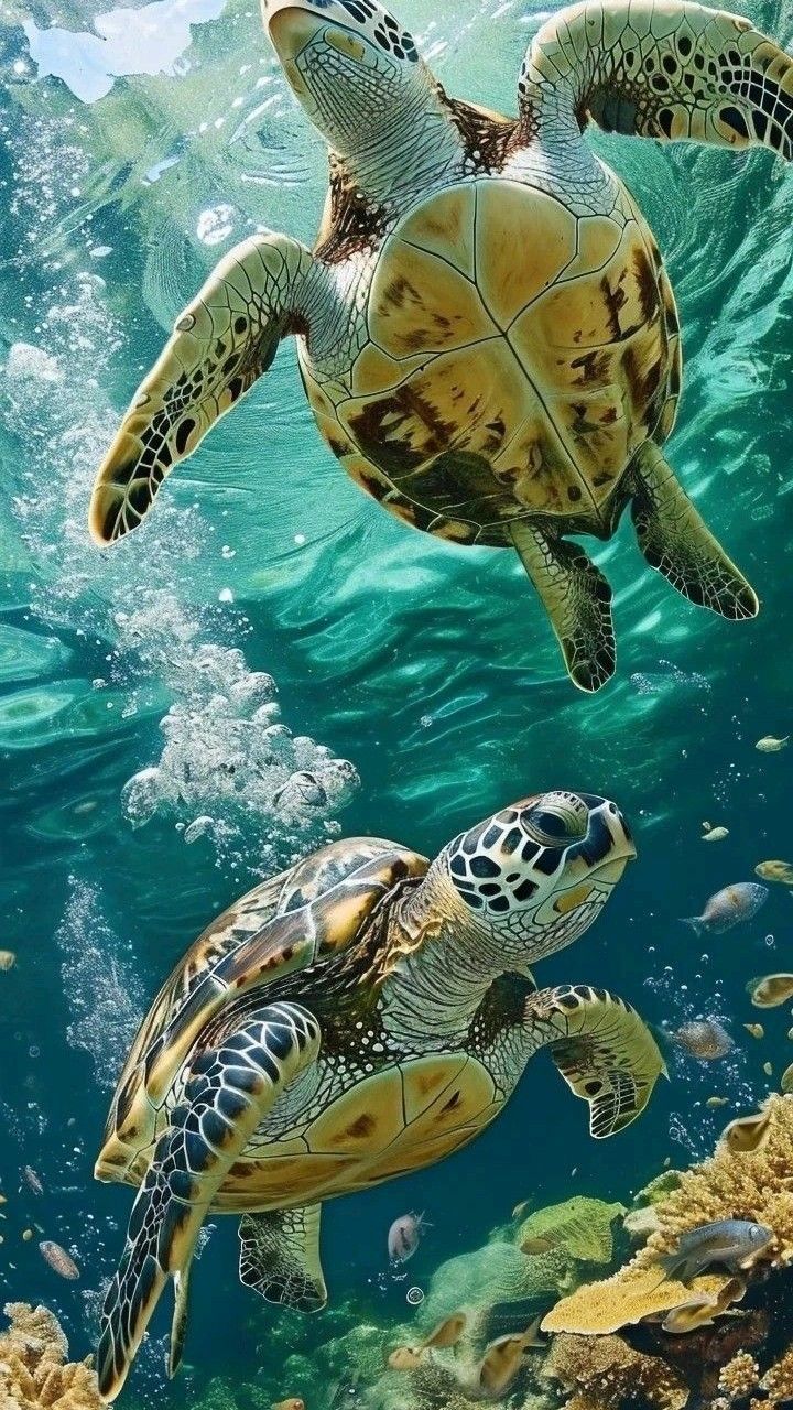 two green sea turtles swimming in the ocean