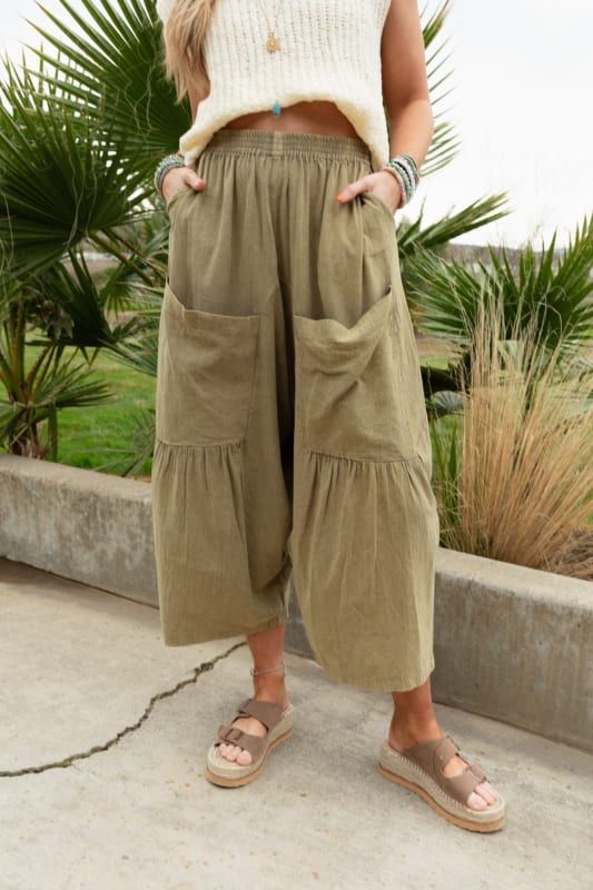 Country Mile Wide Leg Pants - Olive | Three Bird Nest Relaxed Fit Wide-leg Washed Pants, Cotton Harem Pants With Elastic Waistband For Day Out, Bohemian Cotton Bottoms For Day Out, Spring Washed Cotton Wide Leg Pants, Soft-washed Bottoms For Spring Loungewear, Casual Relaxed Fit Harem Pants For Day Out, Bohemian Relaxed Fit Bottoms For Day Out, Bohemian Wide Leg Pants With Pockets For Spring, Spring Bohemian Wide Leg Pants With Pockets