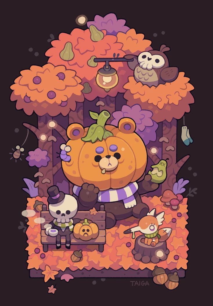 a cartoon bear surrounded by pumpkins, flowers and other items on a black background