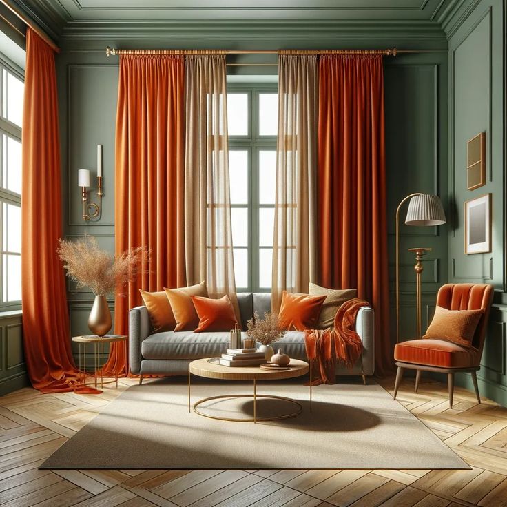 a living room with orange curtains and furniture