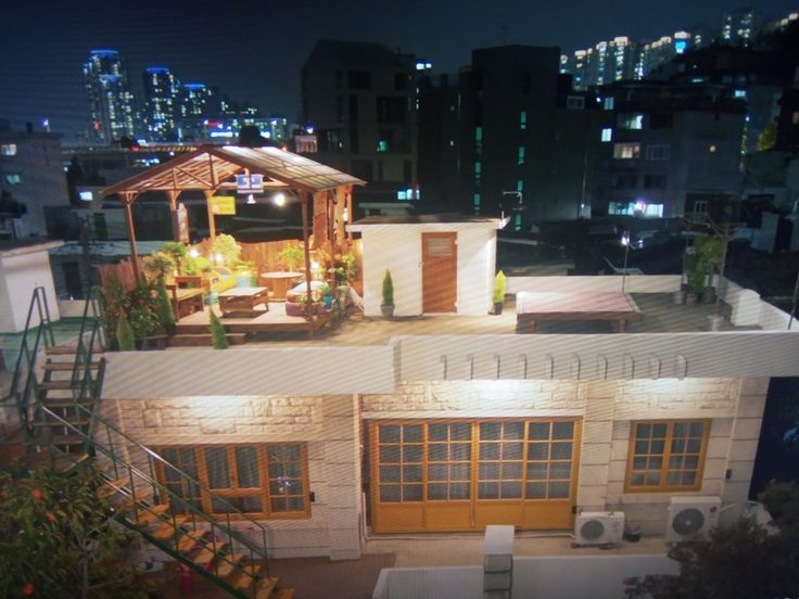 an aerial view of a house at night