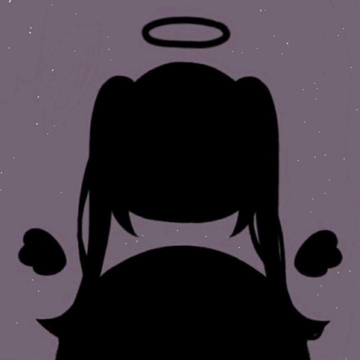 the silhouette of a woman with an angel halo above her head, against a purple background