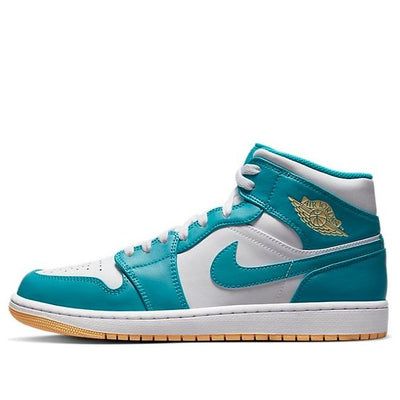 The Air Jordan 1 Mid 'Aquatone' is a stylish and modern sneaker that is perfect for everyday wear. Featuring a full leather upper with mesh tongue and lining, the sneaker has a white base with a water blue overlay and Swooshes logo. The brand and rubber outsole are finished off with a peachy hue. Inspired by the classic Air Jordan 1 silhouette, this sneaker is sure to turn heads. Perfect for casual or streetwear, the Air Jordan 1 Mid 'Aquatone' is a must-have for any sneakerhead. (AJ1/SNKR/Retro/Mid Top/Women's/Non-Slip/Basketball/Wear-resistant/Shock-absorbing) White High-top Custom Fade-resistant Sneakers, Modern Mid-top Jordan Shoes With White Sole, Green Leather High-top Sneakers For Light Sports, Breathable Leather High-top Lace-up Sneakers, Breathable Leather Lace-up High-top Sneakers, White Fade-resistant Mid-top Sneakers, Leather High-top Jordan Shoes For Light Sports, Leather High-top Breathable Sneakers, High-top Custom Sneakers Fade-resistant For Light Sports