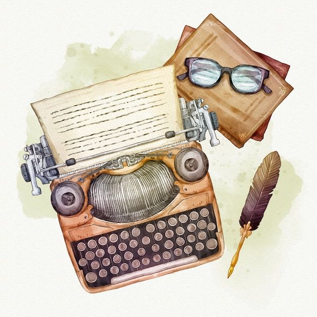 an old - fashioned typewriter with glasses and a feather