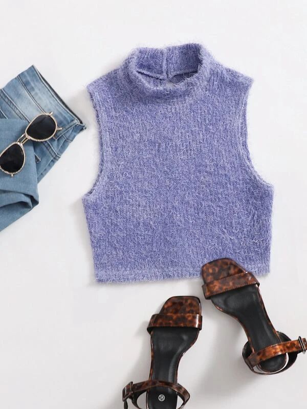 Fuzzy Knit Top, Fuzzy Top, Sleeveless Knit Top, Top Shein, High Neck Sleeveless, Mock Neck, Peplum Top, Fashion News, Knit Top