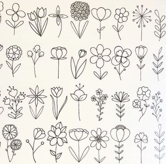 a bunch of flowers that are drawn in black and white