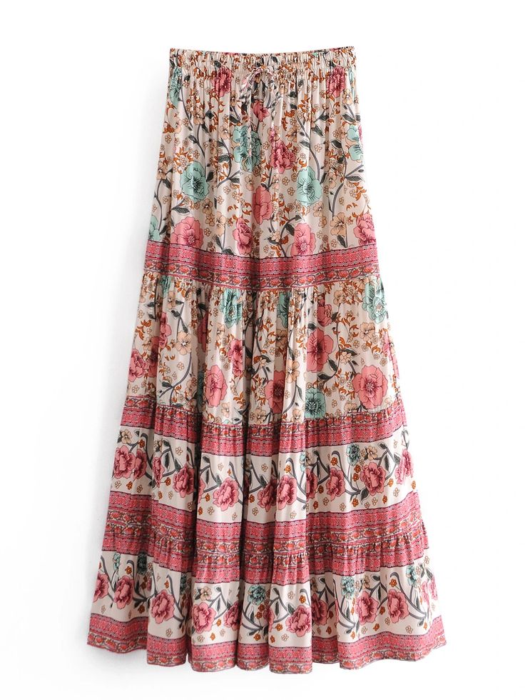 Lasaky - Fashionable Elastic Waist Printed Midi Skirt with Waist Tie Skirt Stitching, Floral Skirt Summer, Printed Long Skirt, Bandeau Dress, Long Maxi Skirts, Printed Midi Skirt, Vintage Floral Print, Feminine Look, Beige Color