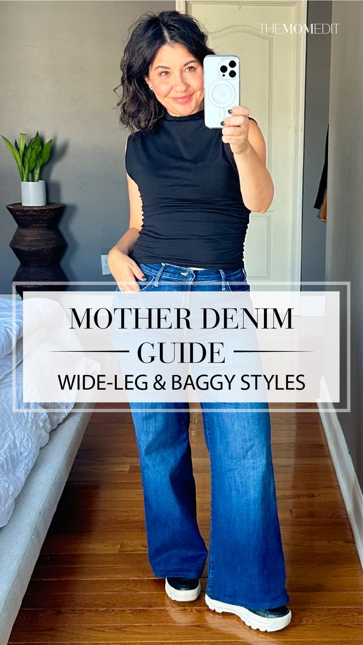 Whether you're just curious about the MOTHER jeans hype or already a fan yourself & looking to invest in another pair, start with this MOTHER denim guide... #TheMomEditStyle #FashionBlog #OutfitInspo #StyleTips #MotherDenim #BestJeans #WideLegJeans #BaggyJeans #DenimReview Wide Leg Jeans Dressed Up, Flats With Wide Leg Jeans, Mother Weekender Jeans Outfit, Mother Jeans Denim, What To Wear With Loose Jeans, Best Wide Leg Jeans For Women, Winter Outfit Wide Leg Jeans, Wide Leg Cuffed Jeans, Mother Denim Outfit