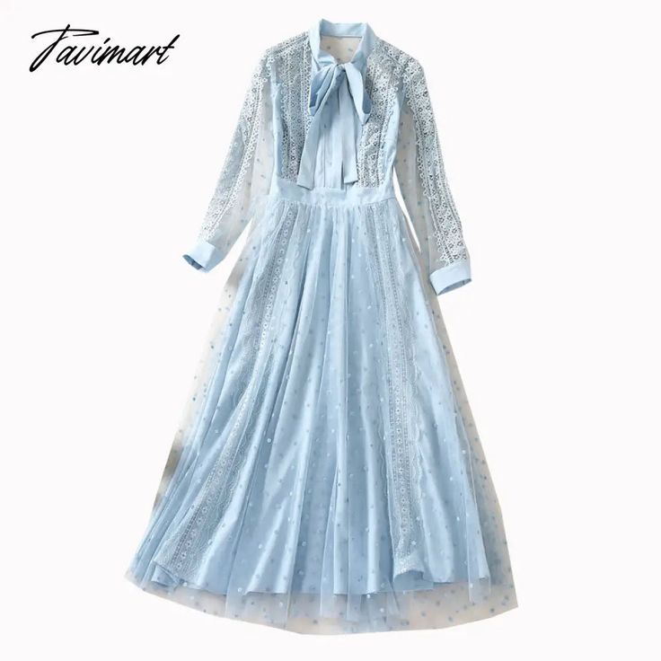 Tavimart Princess High Quality New Women’s Party Sexy Casual Vacation Vintage Elegant Chic Blue Dresses With Lace Patchwork For Spring, Summer Lace Polka Dot Dress, Polka Dot Lace Party Dress, Elegant Blue Dress, Long Skirt Pattern, Embroidery Unique, Chic Embroidery, Kate Middleton Dress, Long Sleeve Mesh Dress