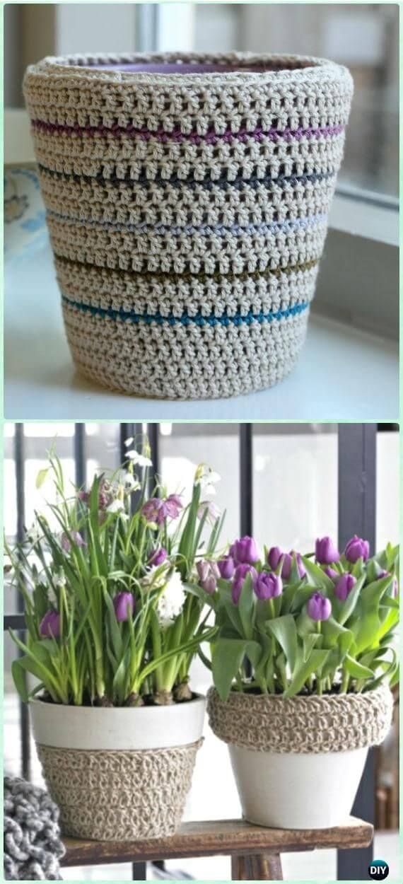 crocheted baskets with flowers in them