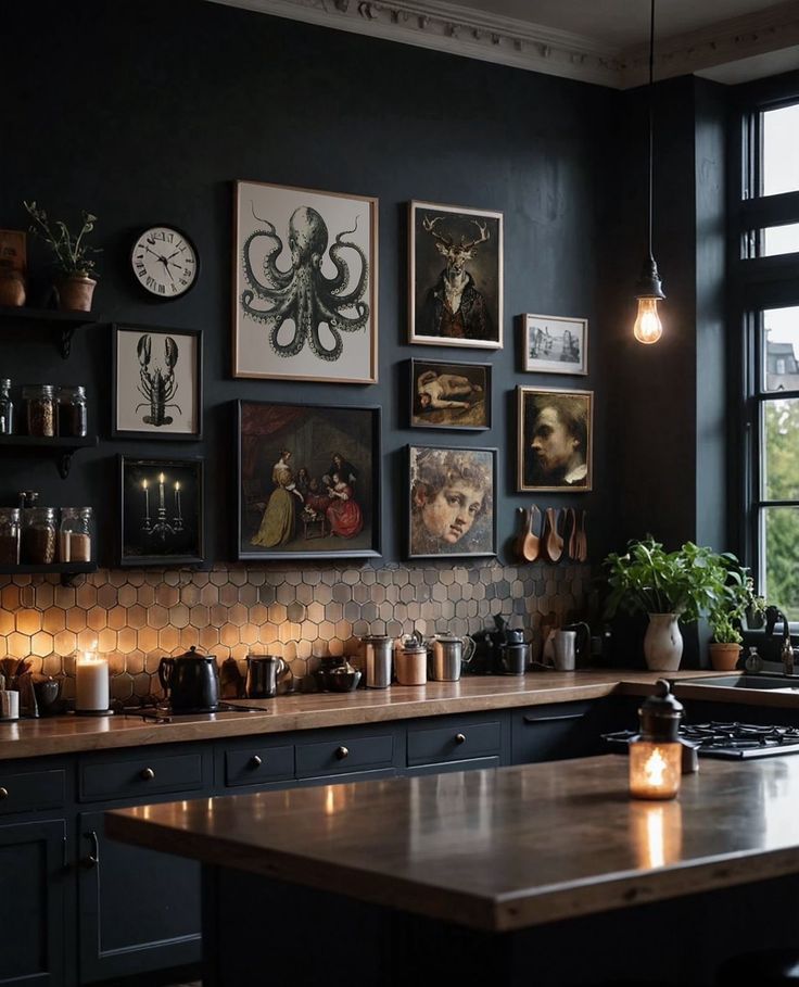 a kitchen with lots of pictures on the wall and candles in front of the stove