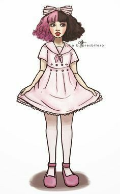 a drawing of a girl with pink hair wearing a white dress and pink shoes, standing in front of a white background