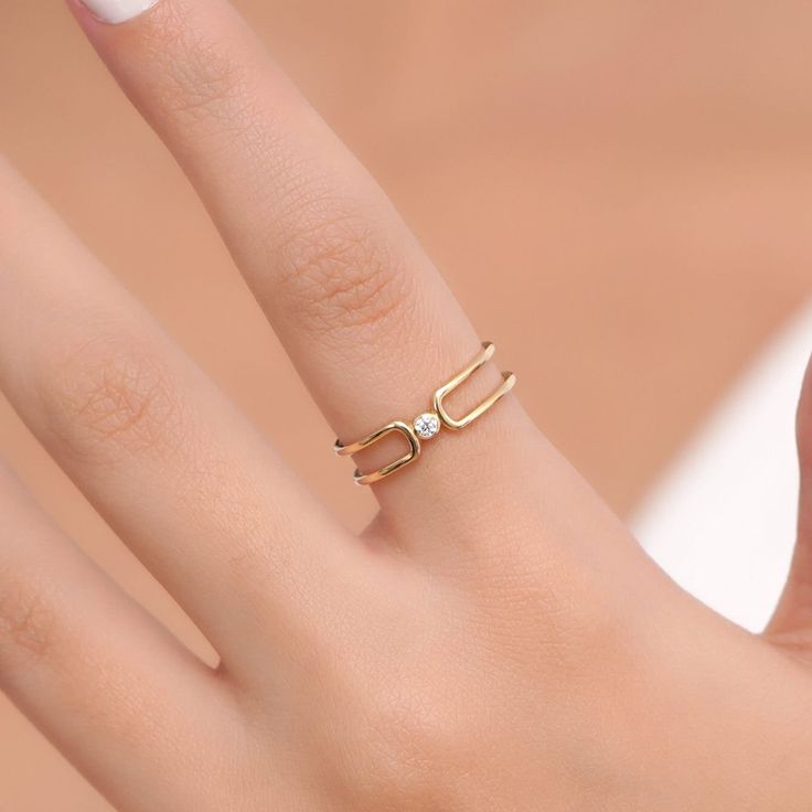 "Simple and dainty two bands of solid gold rings.  🔹Made to Order 🔹Gold KT: 14K / Custom 18K 🔹 Diamond Cut: Round 🔹 Number f Stone : 1 🔹 Stone Size : 2,5mm 🔹 Total carat weight : 0,069 Ctw 🔹 Diamond Color Clarity : G Color VS1  🔹 Natural Ruby 2,5mm  🔹 Natural Emerald 2,5mm 🔹 Natural Sapphire 2,5mm 🔹 Band 💛 All our pieces are 14K White, Yellow or Rose Gold.  🙌 As our pieces are unique and each is handmade to order,  please allow 7-10 business days for your orders to be made and shipp Minimalist Double Band Diamond Ring For Gift, Minimalist Double Band Diamond Ring As Gift, Gold Stackable Open Rings With Birthstone, Gold Stackable Open Band Couple Rings, Gold Stackable Open Band Rings With Solitaire, Gold Double Band Diamond Promise Ring, Gold Diamond Ring With Birthstone For Everyday, Gold Solitaire Stackable Rings As A Gift, Minimalist Gold Diamond Ring With Double Band