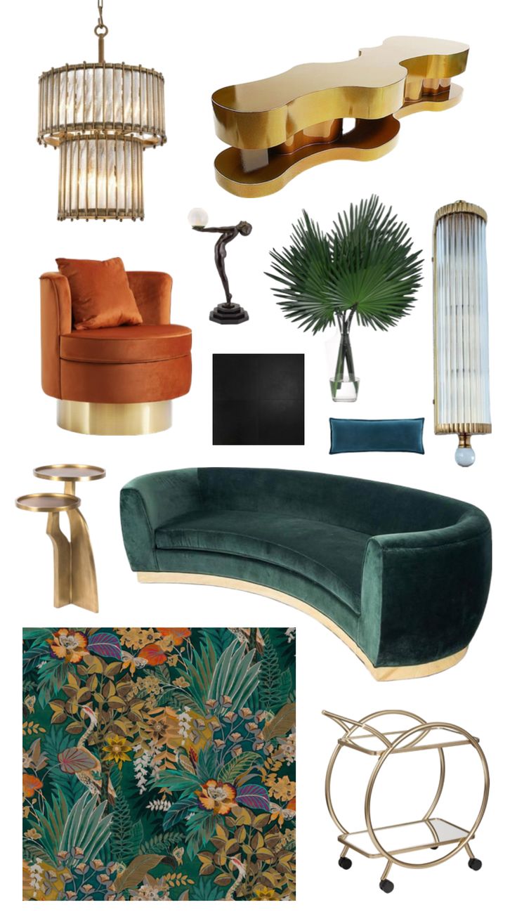 an assortment of furniture and decor items