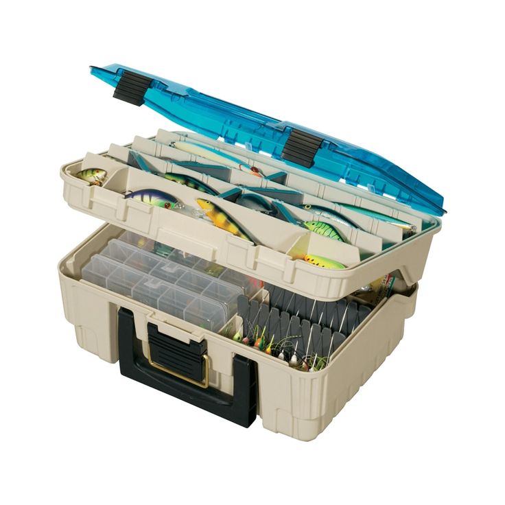 an open storage box filled with different types of fishing gear