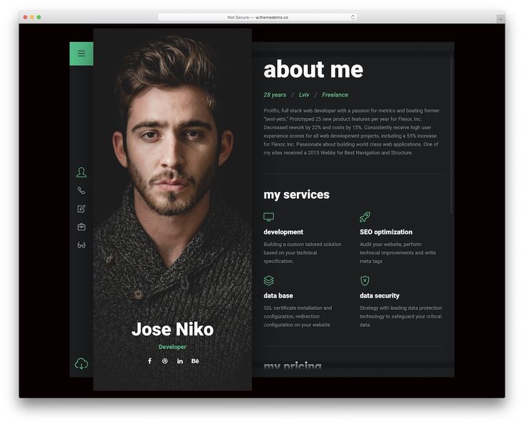 a black and green resume template with a man's face on the front page