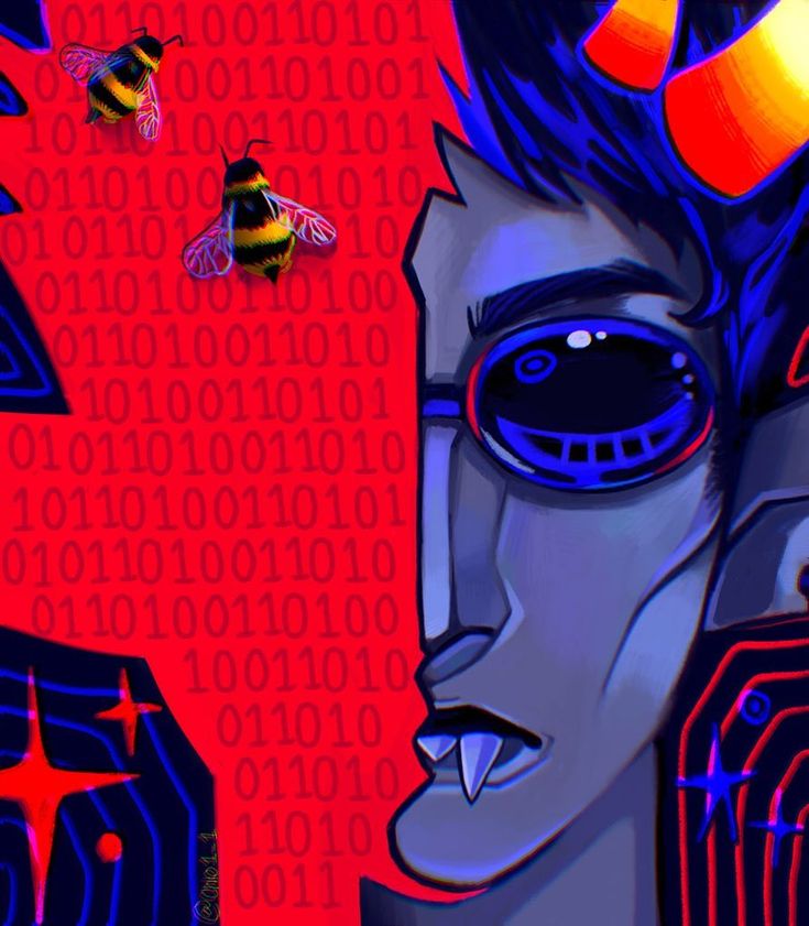 a digital painting of a woman's face with two bees flying over her head