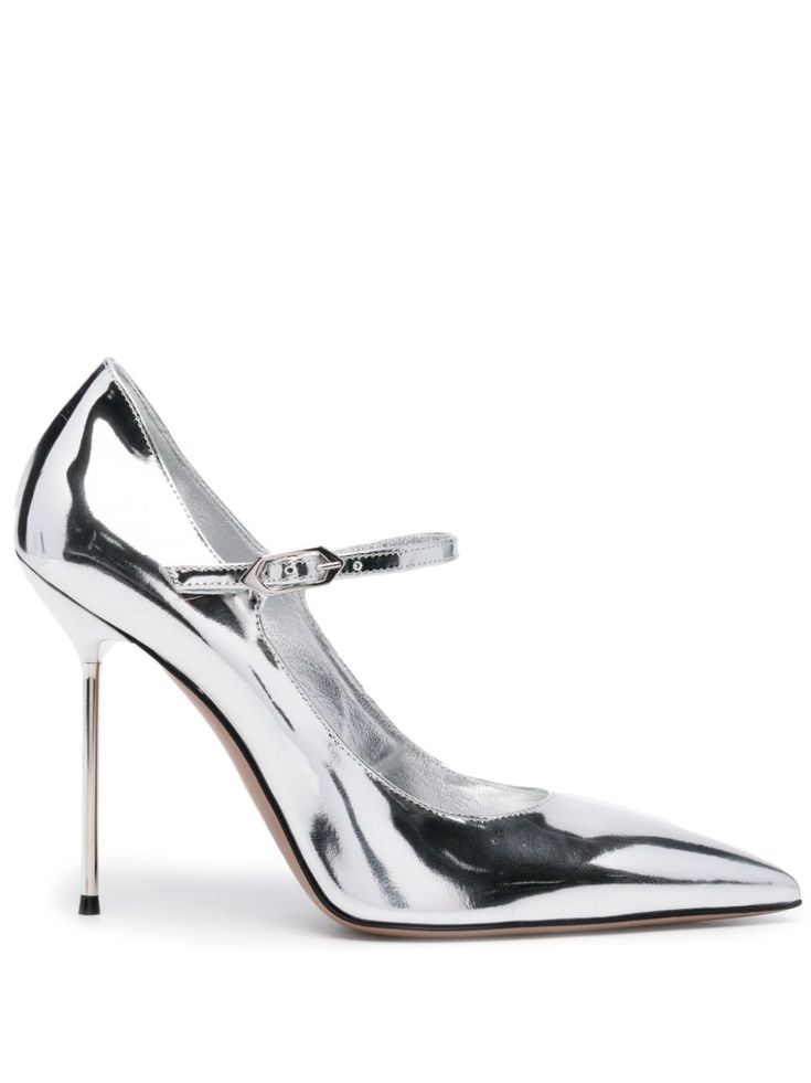 silver-tone calf leather patent finish metallic effect pointed toe branded leather insole leather sole 11mm high stiletto heel side buckle fastening Modern Silver Patent Leather Heels, Luxury Metallic Patent Leather Heels, Luxury Metallic Pointed Toe Heels, Sleek Metallic Patent Leather Heels, Luxury Metallic Heels With Pointed Toe, Modern Metallic Pointed Toe Heels, Modern Silver Heels With Buckle Closure, Luxury Silver Heels With Buckle Closure, Sleek Silver Heels With Sculpted Heel