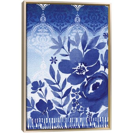 a blue and white painting with flowers on it