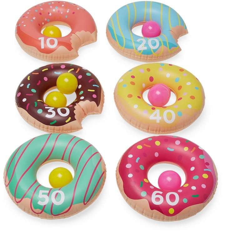 six inflatable doughnuts with numbers on them