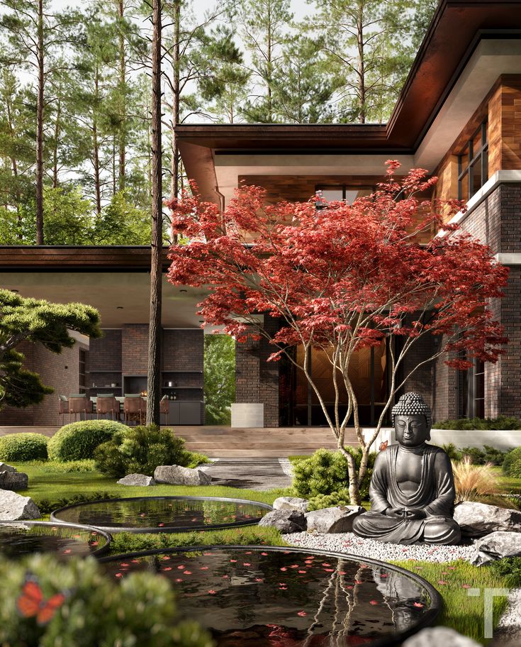 a buddha statue sitting in the middle of a garden next to a pond and trees