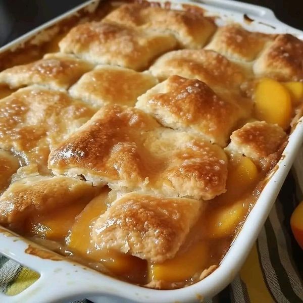 peach cobbler in a white dish with fresh peaches next to it on a striped cloth