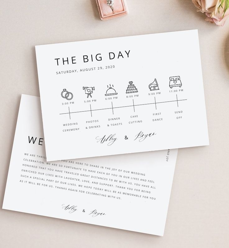 the big day wedding stationery is laid out on top of each other next to some flowers