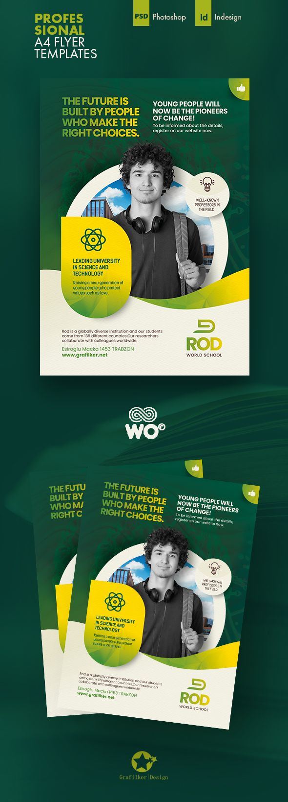 the back side of a green and yellow brochure with an image of a man in