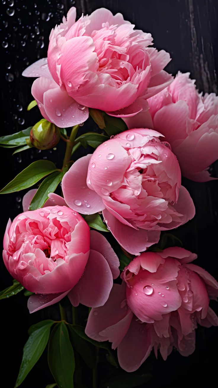 pink peonies with water droplets on them are still blooming in the rain