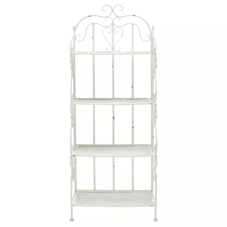 a white metal shelf with three shelves on each side and an iron frame at the top