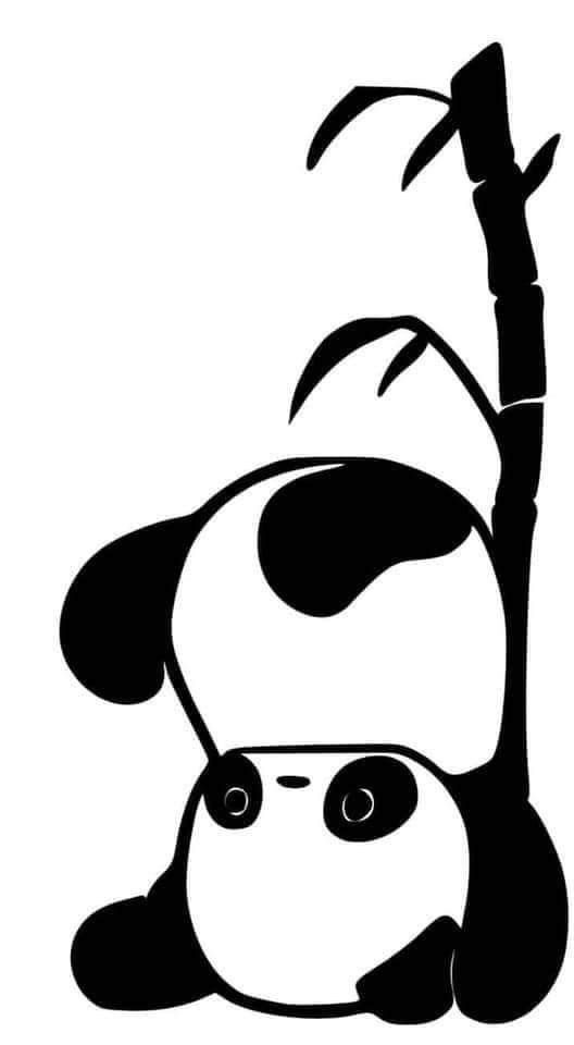 a black and white drawing of a panda bear holding a bamboo stick in its paws