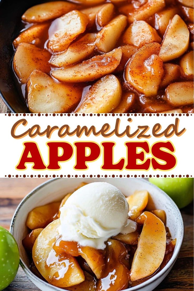 caramelized apples with ice cream in a bowl