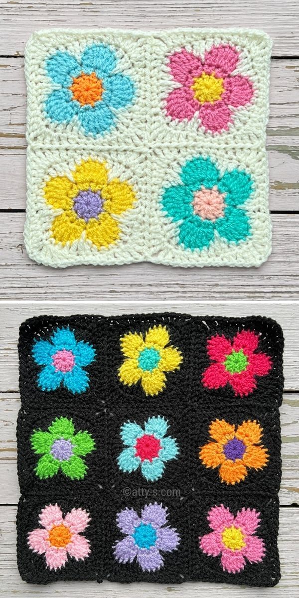 two crocheted squares with different colored flowers on them, one is black and the other is white